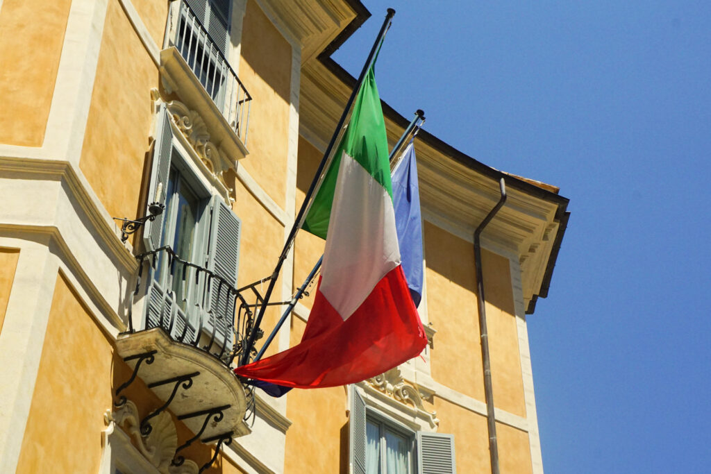 Yellow Building with Italian and European Union Flag