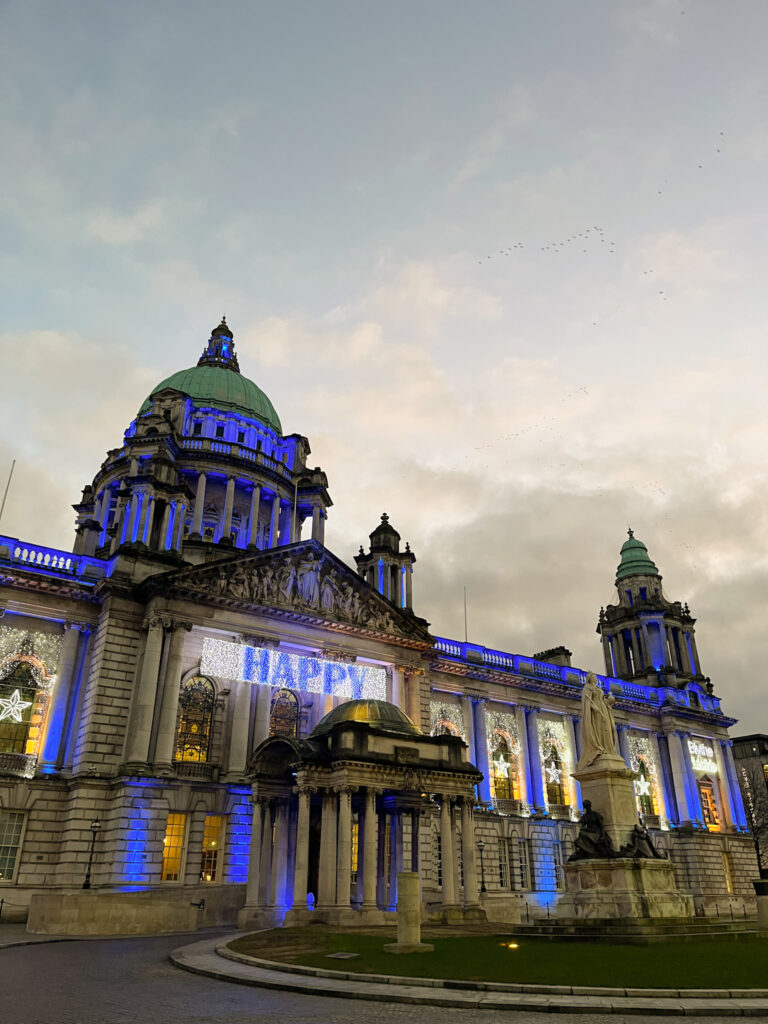 Belfast City Hall with 'Happy New Year' sign
