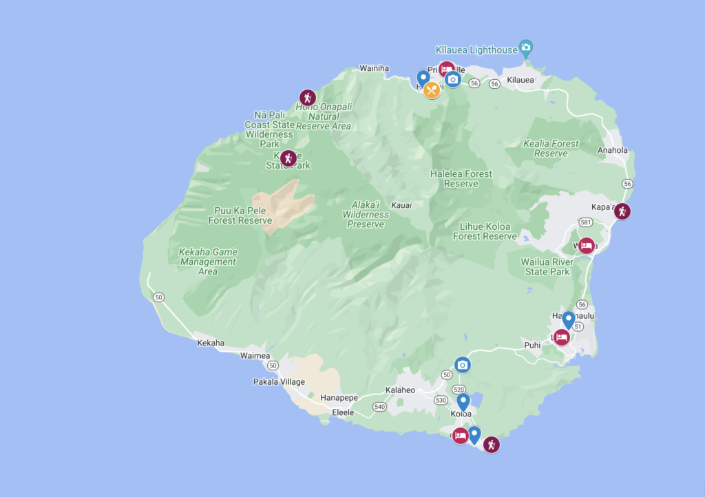 Map of 4 day Kauai itinerary