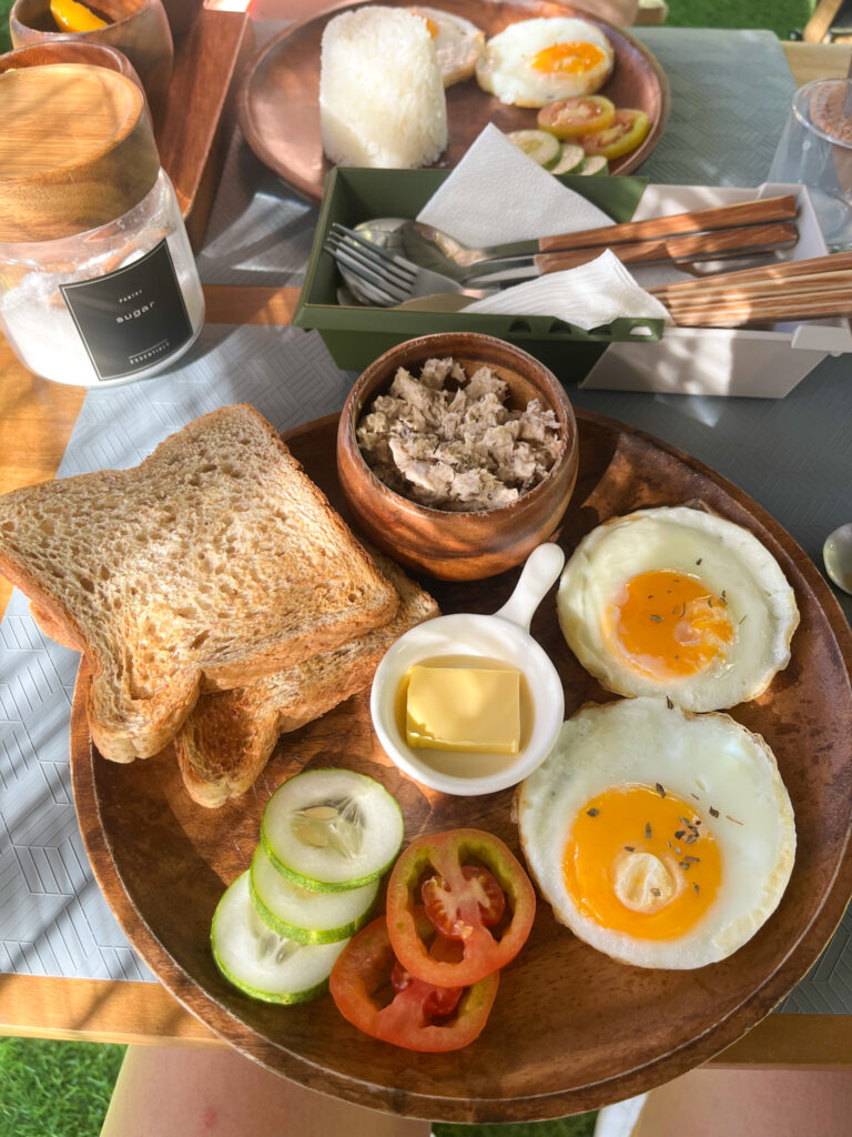 Breakfast Spread of Eggs, Toast, and Tuna