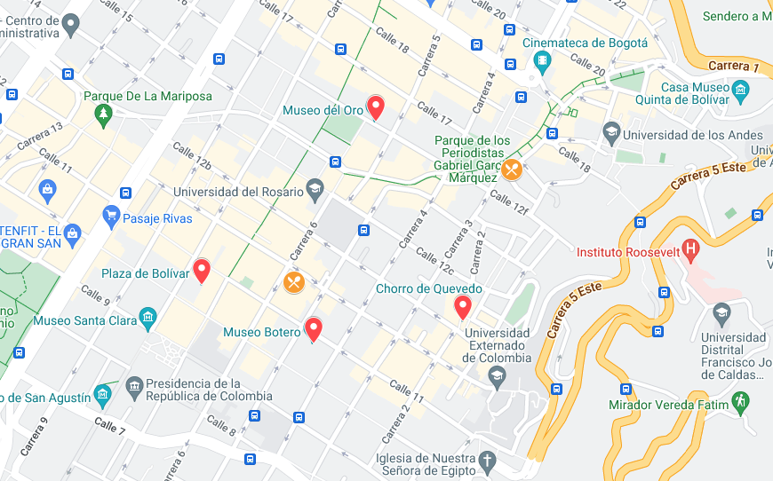 Google Map of Notable Destinations in Bogota