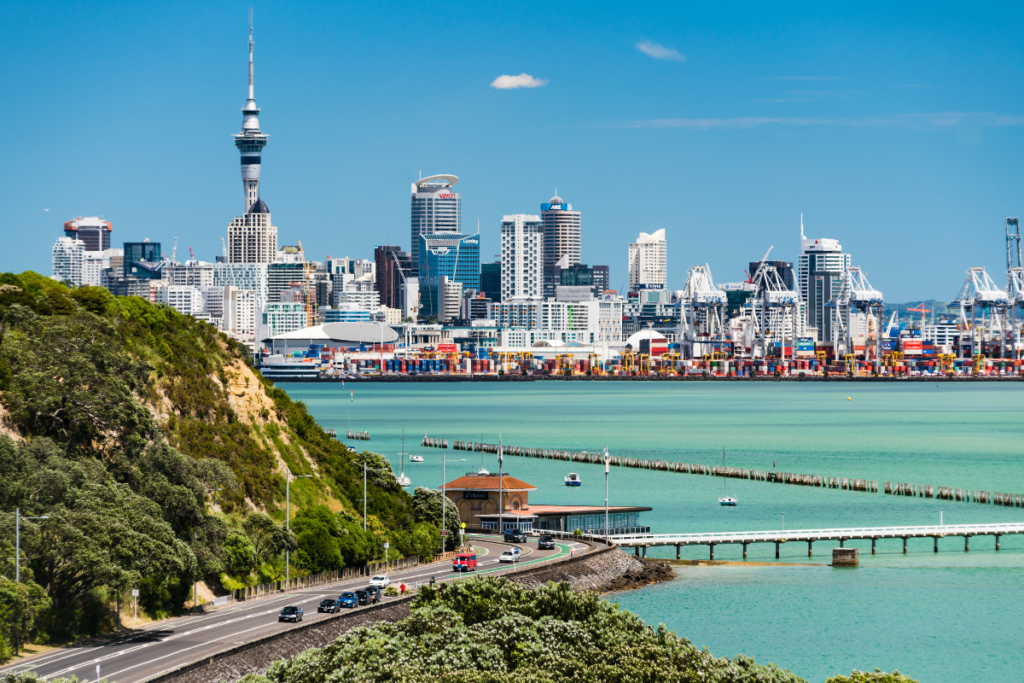 View of the Sky Tower and harbor in Auckland